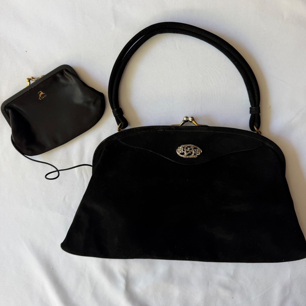 Vintage Koret Black Koretolope Suede Calf Handbag with Matching Coin Purse